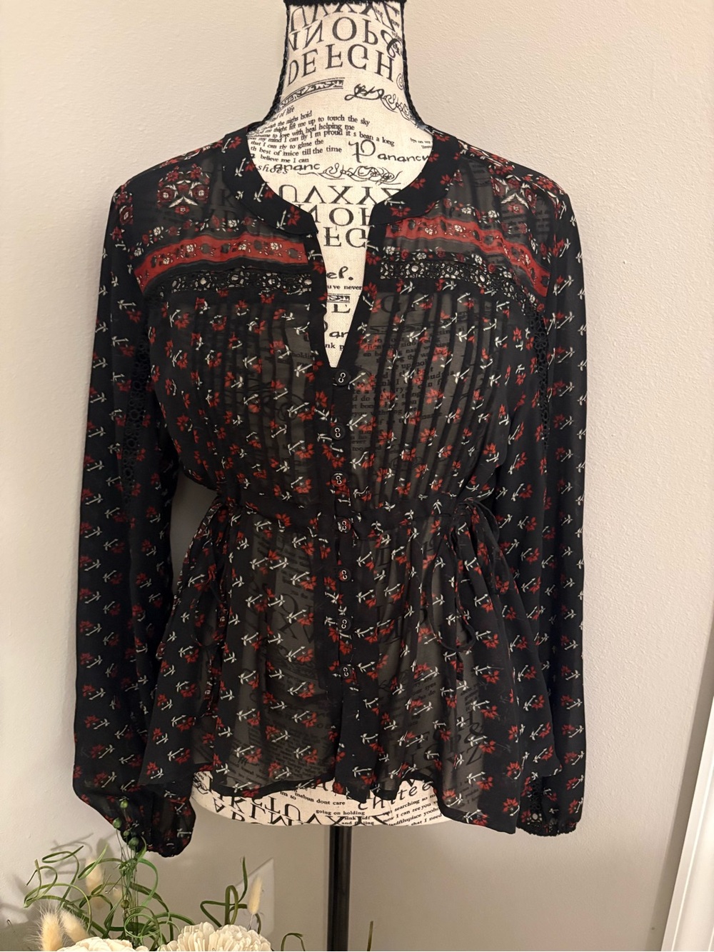 American Rag Black Sheer Button-Front Floral Blouse